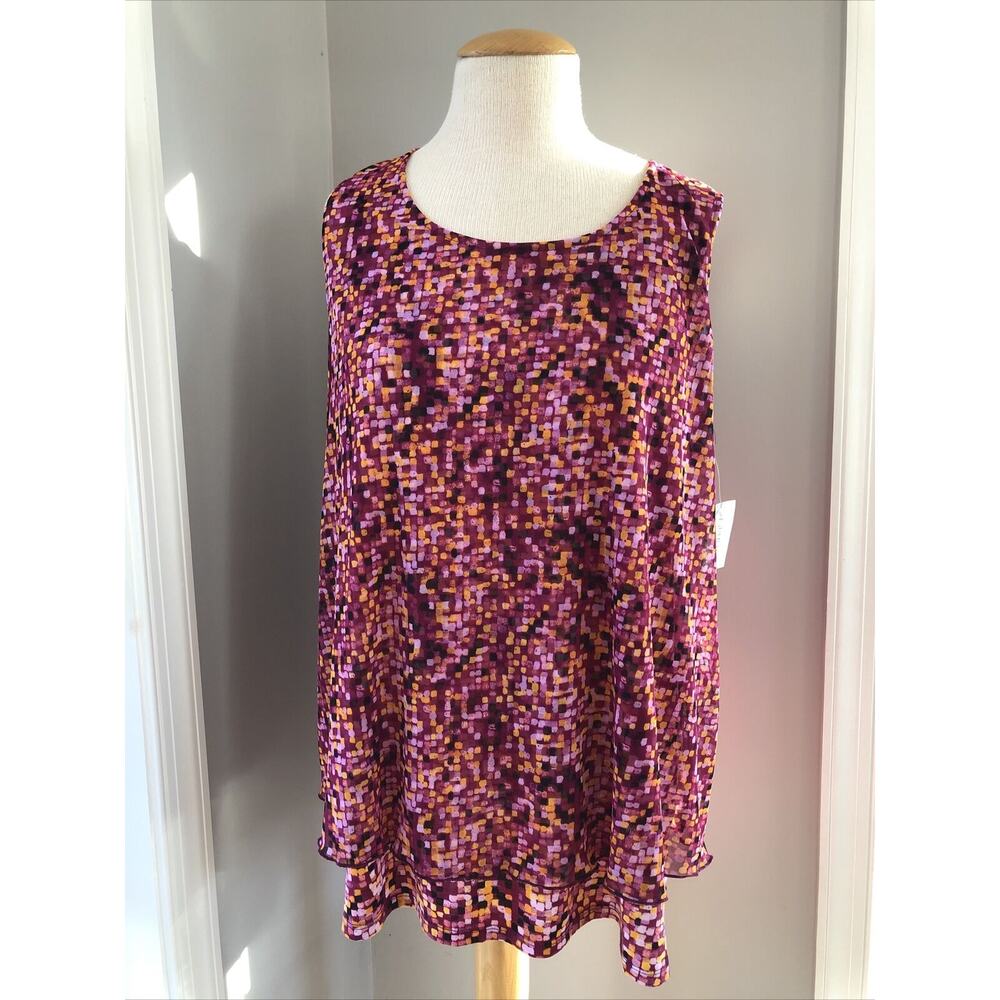 Catherines Tank Top Size 14/16 Pink Yellow Abstract Print Layered New With Tags